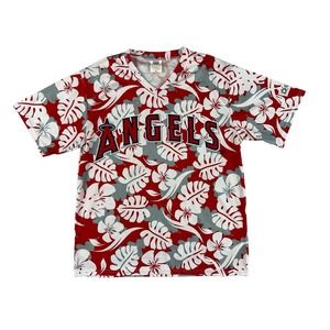 Kloanz LA Angels Men Red Floral Hawaiian Short Sleeve V-NeckJersey Size XL‎